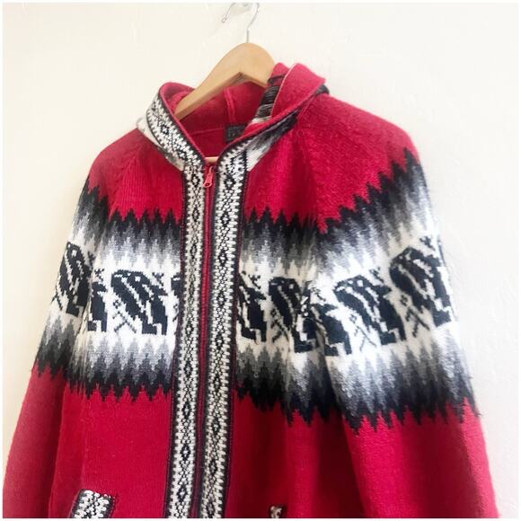 Fine Alpaca Zip Up Hooded Sweater Fair Isle Print Red Multi Size Medium Nordic - Picture 4 of 10